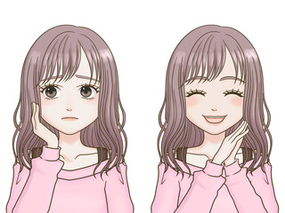 悩む・喜ぶ表情セミロングヘアのかわいい女性