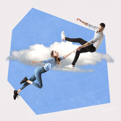 Contemporary art collage. Creative design. Man and woman flying to the sky. Love in the air. Fly of...