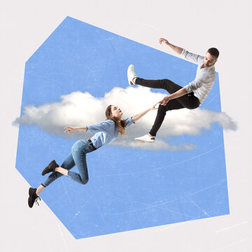 Fototapeta Contemporary art collage. Creative design. Man and woman flying to the sky. Love in the air. Fly of feelings