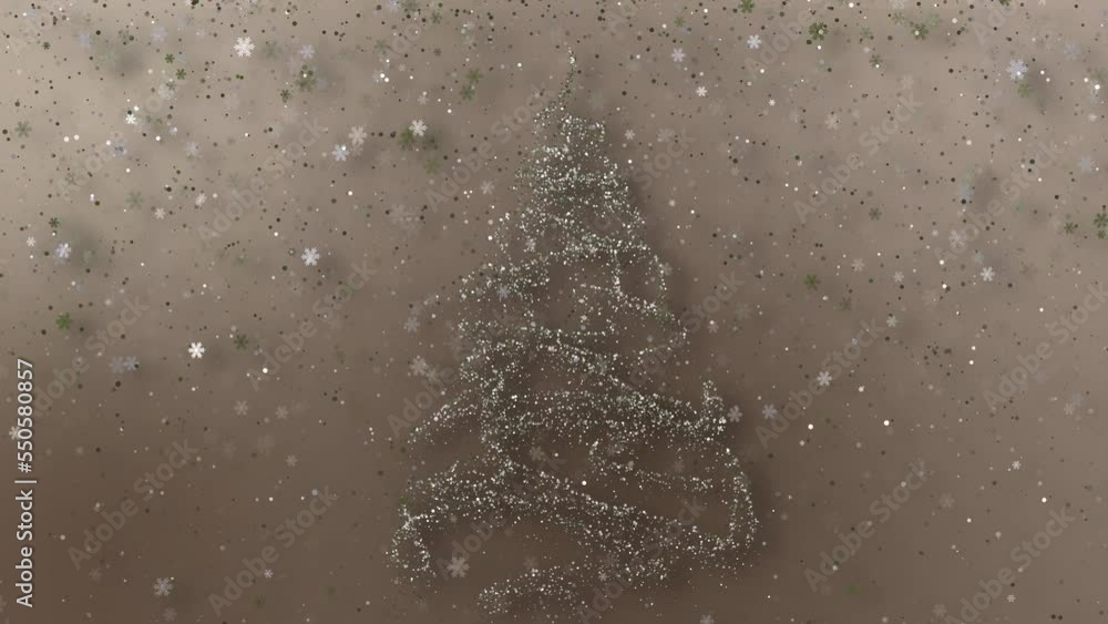 Poster glowing stylized bright particle christmas tree with falling snowflakes on the background. new year 