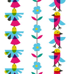 Retro Abstract Shapes Birds Vector Seamless Vertical Borders Set
