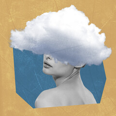 Contemporary art collage. Creative design. Young woman having head in the clouds. Personal thoughts. Psychology