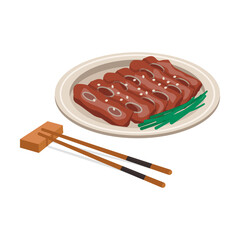 Korean national food. Kalbi. Beef ribs in sauce, roasted. Vector graphic.	