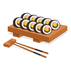 Korean national cuisine. Kimpup. Nori, rice, vegetables, egg, crab sticks. Vector graphic.  © Anastasiia Diubua