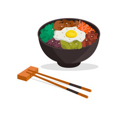 Korean national cuisine. Pibimpap. Rice, vegetables, meat, egg, sesame. Vector graphic.	