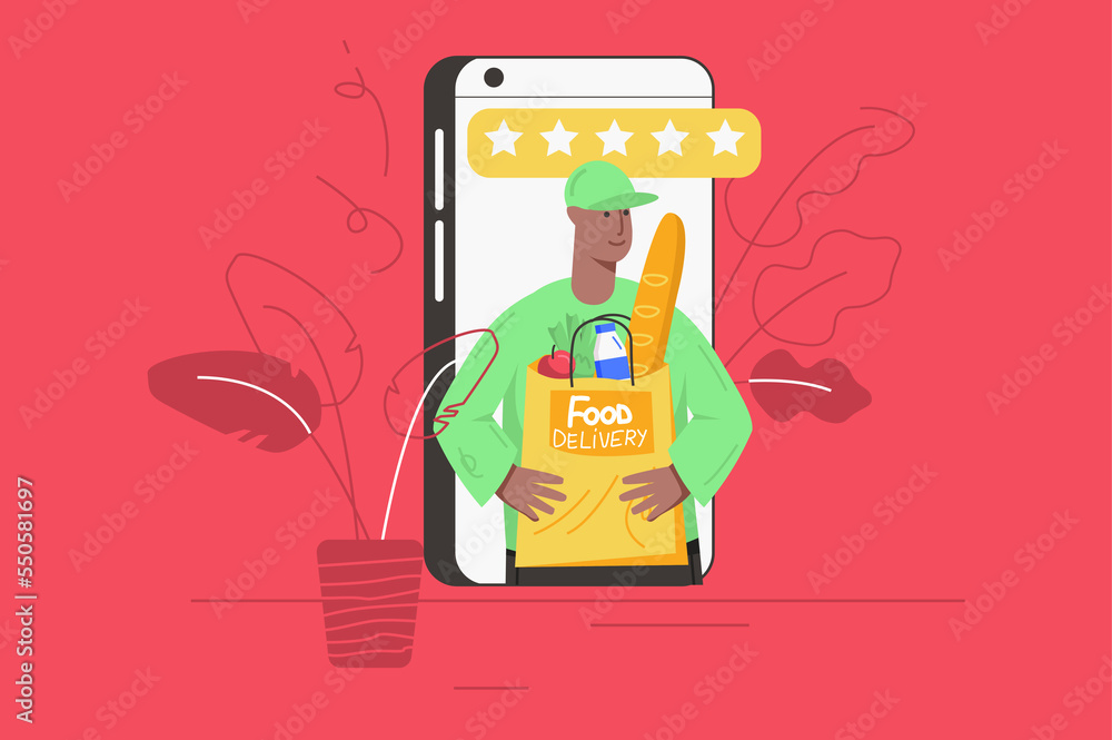 Poster online ordering and food delivery modern flat concept. courier holds package with food. mobile appli