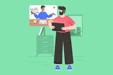 Distance learning and online education modern flat concept. Student watches video lecture using tablet. Studying at college or university. Illustration with people scene for web banner design