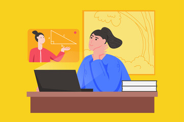 Distance learning and online education modern flat concept. Student watches webinar on geometry. Woman studying at college or university. Illustration with people scene for web banner design