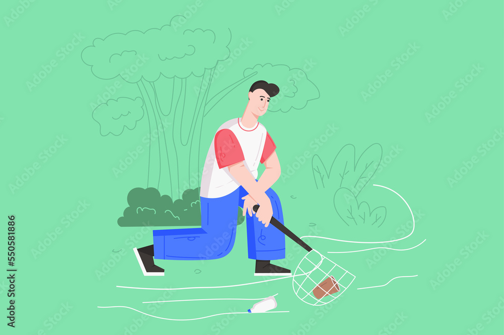 Poster people collecting garbage modern flat concept. man with net catches floating plastic and other waste