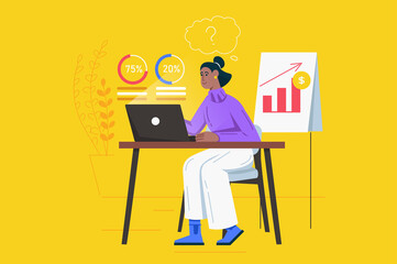 Business process and data analysis modern flat concept. Businesswoman studies statistics, generates ideas, planning and creates strategy. Illustration with people scene for web banner design