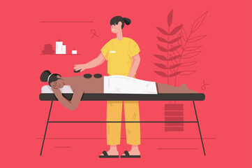 Body treatment in spa salon modern flat concept. Woman enjoys back massage while lying on couch. Masseuse massaging client with hot stones. Illustration with people scene for web banner design