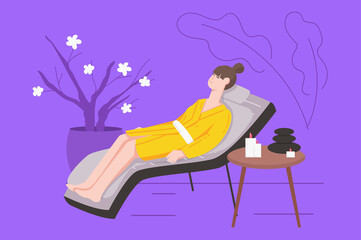 Body treatment in spa salon modern flat concept. Woman in bathrobe enjoys aromatherapy while lying on couch. Client is resting and relaxing. Illustration with people scene for web banner design