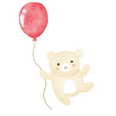 Cute baby bear flying with the red ballon, hand drawn watercolor illustration on white background.