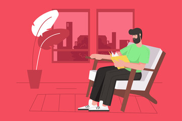 Fototapeta premium People reading book modern flat concept. Happy man reads novel while sitting in armchair. Student studies textbook and gains knowledge. Illustration with people scene for web banner design