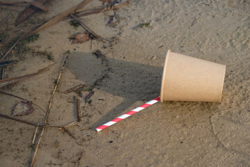The disposable paper cup and drinking straw near the water. Sandy beach.