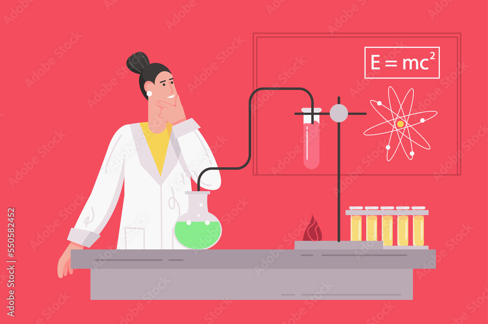 Poster scientist works in science laboratory modern flat concept. woman researcher makes test using flasks 