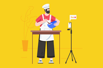Video streaming with blogger modern flat concept. Happy man cooking dishes at kitchen, makes online broadcast and creates content to blog. Illustration with people scene for web banner design