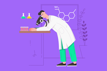 Scientist works in science laboratory modern flat concept. Male researcher makes test using microscope and equipment, studies microbiology. Illustration with people scene for web banner design
