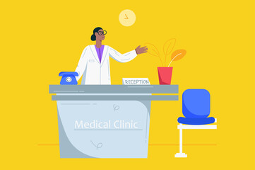 Medical clinic and healthcare service modern flat concept. Nurse stands at reception desk and writes down patients for visit with doctor. Illustration with people scene for web banner design