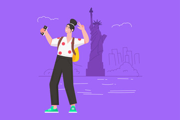 Tourists go on vacation travel modern flat concept. Happy woman posing next to the Statue of Liberty and taking selfie photo on smartphone. Illustration with people scene for web banner design