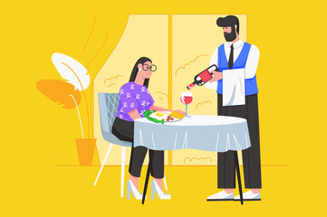 Dinner at restaurant modern flat concept. Waiter pours wine into glass of visitor. Woman enjoying meals while sitting at table at cafeteria. Illustration with people scene for web banner design