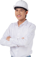 Portrait young asian man is engineer wearing helmet standing and smiling with confident, handsome male is architect or contractor, worker or labor, industrial concept.