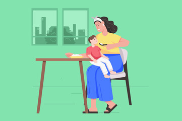 Fototapeta premium Mothers day celebration modern flat concept. Happy mom feeds her son with spoon, loves and takes care of baby. Motherhood and parenting. Illustration with people scene for web banner design