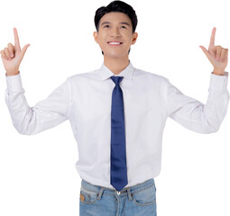 Portrait young asian business man pointing and presenting, advertising and marketing, executive and manager, male confident showing success, expression and emotion.