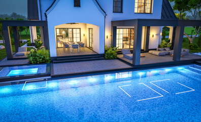 3d rendering of cute cozy white and black modern Tudor style house with parking  and pool for sale or rent with beautiful landscaping. Fairy roofs. Clear summer night with many stars on the sky.