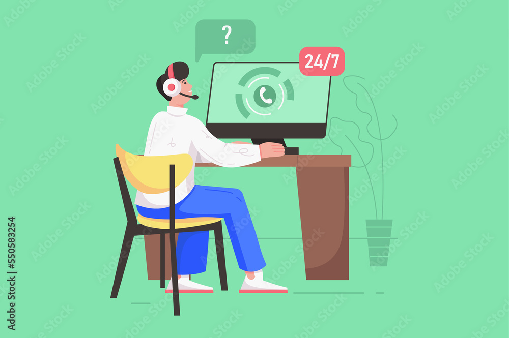 Aufkleber call center and customer support modern flat concept. consultant in headphones works on computer and