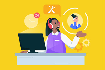 Call center and customer support modern flat concept. Woman operator in headphones works on hotline, advises clients on phone around clock. Illustration with people scene for web banner design