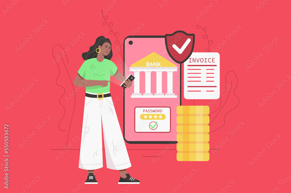 Poster online banking services modern flat concept. woman paying invoice using mobile app with secure acces