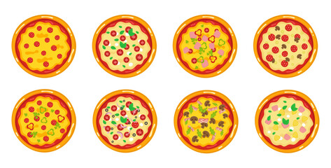 Fototapeta na wymiar Pizza set with different fillings. Vector illustration.View from above.