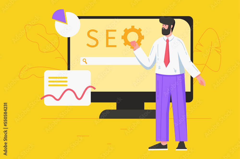 Poster seo optimization service modern flat concept. man settings up search engine, works with site data, a