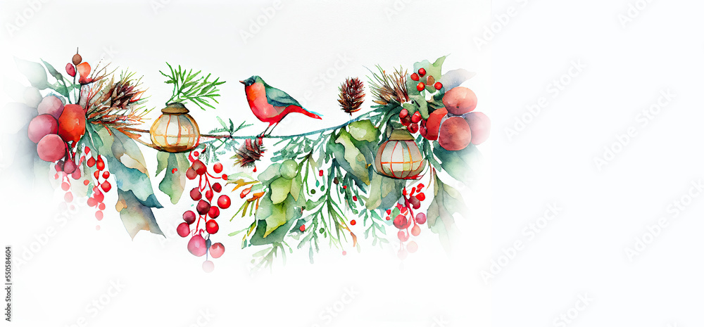 Sticker christmas panoramic banner, card, print, watercolor illustration isolated on white background, gener