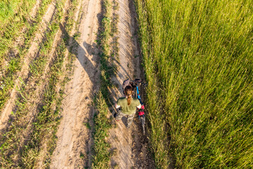 Cyclist next to a bike on a country road, top view