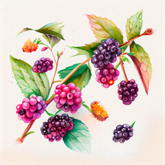 Boysenberry. Watercolor on white paper background. All the fruits.