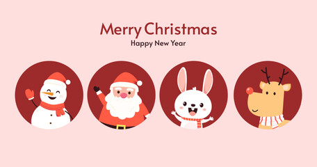 Merry Christmas and happy new year 2023 greeting card with cute Santa Claus, snowman, rabbit and reindeer. Cartoon character in winter season.