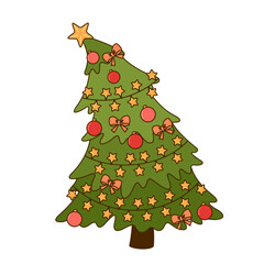 Funny Christmas tree with garland, balls and bows isolated on white background.