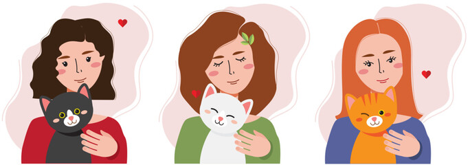 Woman and their cats are isolated on a white background. Set of portraits of adorable pet owners and cute pets. People and their pets. Vector modern flat illustration. - 550586851
