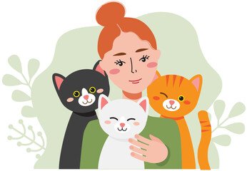 Illustration of a woman surrounded by cats. Portrait of happy pet owner. Vector illustration in a flat style. Vector illustration on a white background. - 550586876