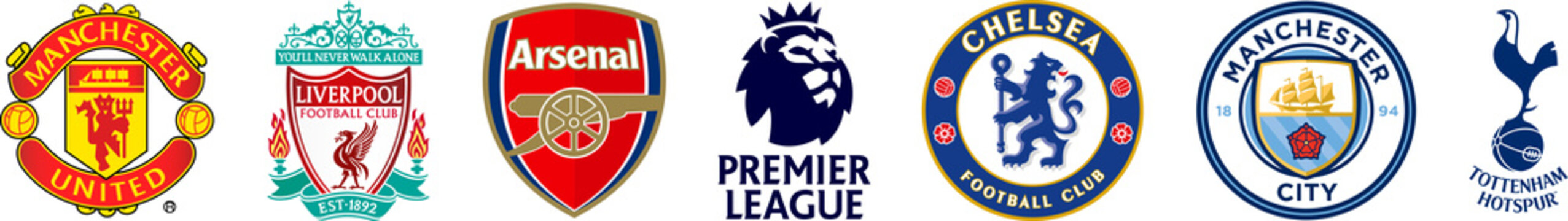Football clubs of England. English Premier League 2021-2022. Liverpool, Chelsea, Manchester United, Manchester City, Arsenal, Tottenham Hotspur. Kyiv, Ukraine - Dec 1, 2022