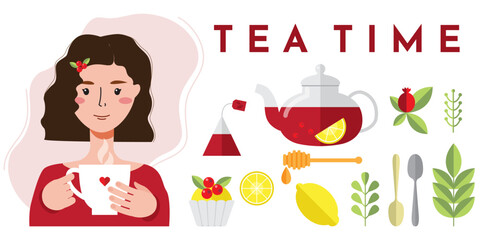 A woman is drinking tea with a pretty mug in her hand and a set of tea accessories. Teapot, cup, teaspoons, lemon, cake, honey, mint, tea bag - 550587016