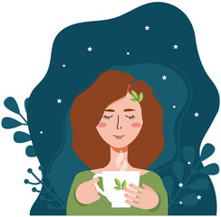 A woman is drinking tea with a pretty mug in her hand. Flat design style minimal vector illustration.
Woman with herbal tea time. Evening - 550587017