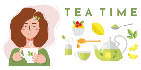 A woman is drinking tea with a pretty mug in her hand and a set of tea accessories. Teapot, cup, teaspoons, lemon, cake, honey, mint, tea bag - 550587045