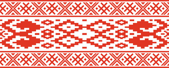 Vector red color seamless Belarusian national ornament. Ethnic endless black border, Slavic peoples frame.