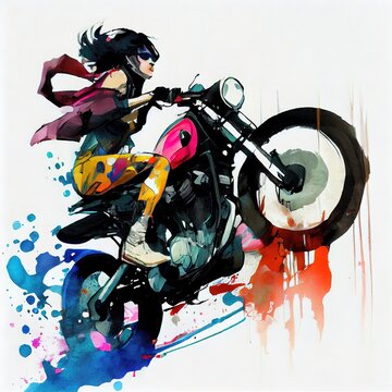 Woman biker, colorful drawing, bold brush strokes, grunge image technique. AI generated illustration