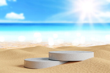 3d podium with copy space for product display presentation on blue beach abstract background. Tropical summer and vacation concept.