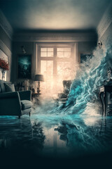 Interior of a flooded house Tsunami wave, High Speed Wave, Flooded Living Room, Extreme Weather