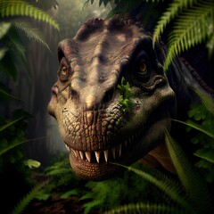 Stunning photorealistic illustration dinosaurs hiding in the jungle foliage, ai generated illustration